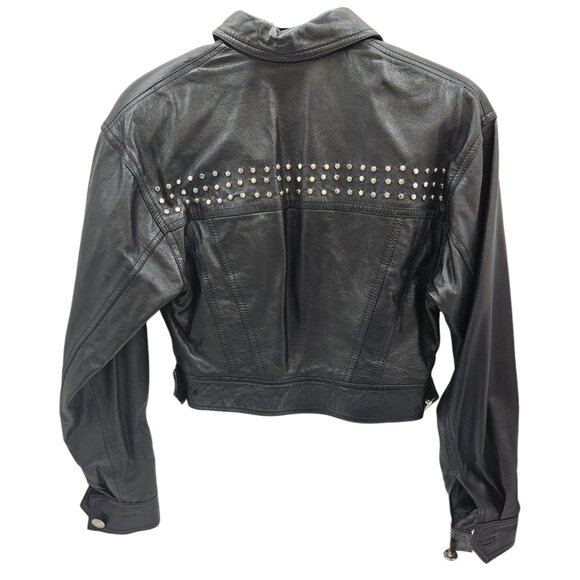 Vintage 90s LIMITED Women's Cropped Black Leather Jacket Stud Detail Size Small - Picture 2 of 10